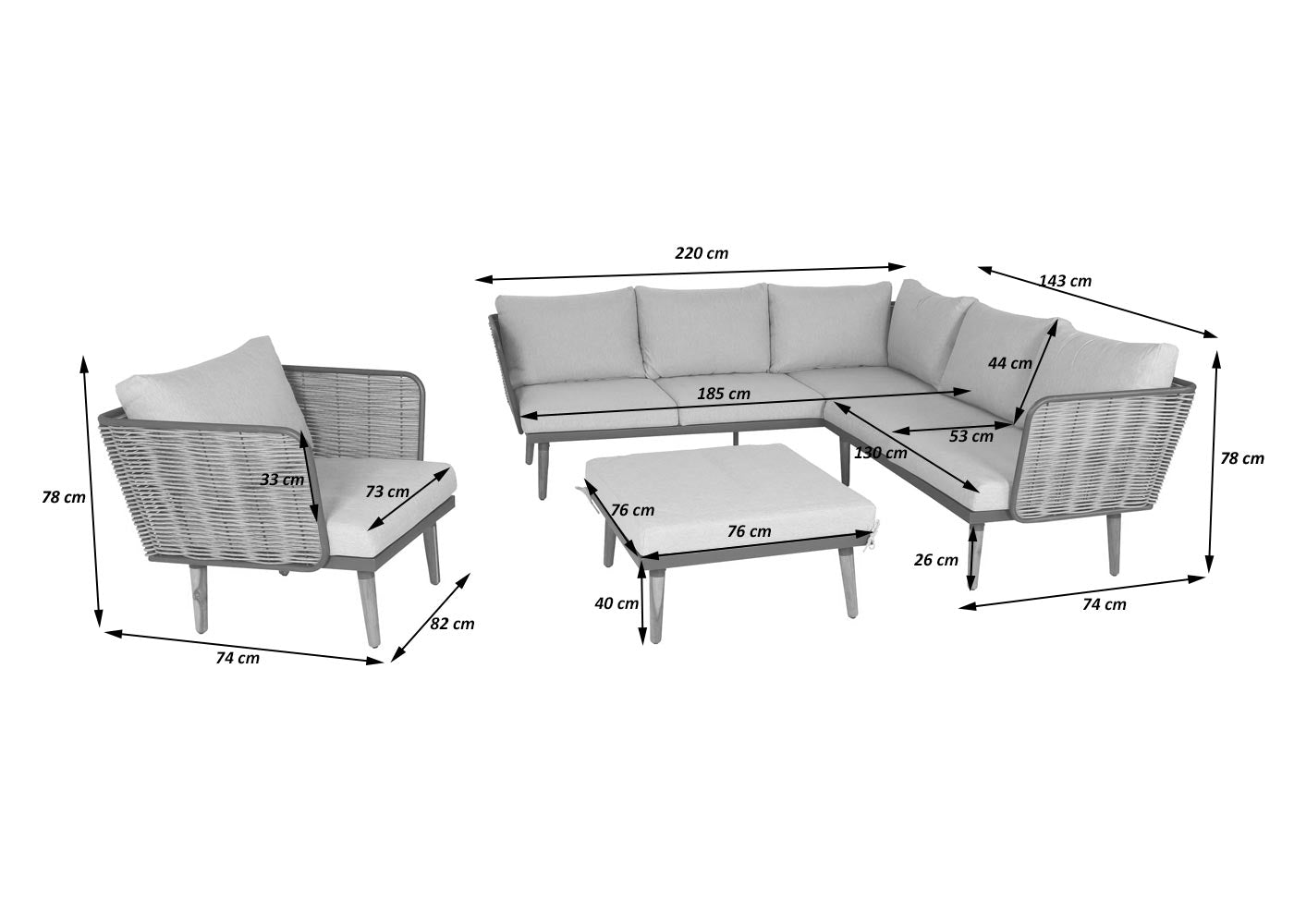 Cosmo Casa - Tuinset - Lounge Set met Bank - Acaciahout & Aluminium - Lichtgrijs