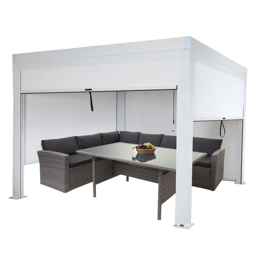 Cosmo Casa - Pergola met Zijwand - Lamellenpaviljoenrolgordijn Stormvast - Aluminium Frame - Wit - 3×3 m