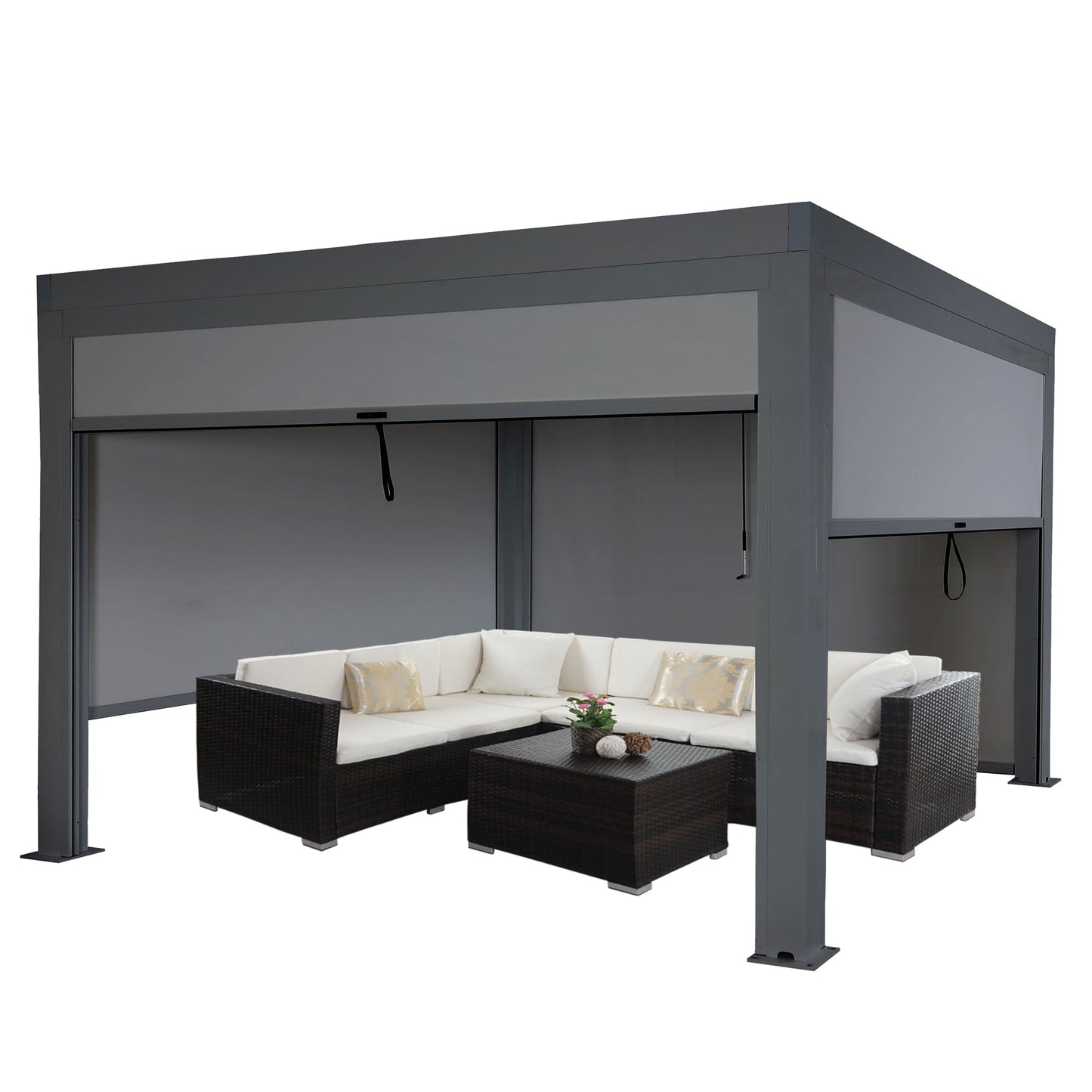 Cosmo Casa - Pergola met Zijwand - Lamellenpaviljoenrolgordijn Stormvast - Aluminium Frame - Antraciet - 3×4 m