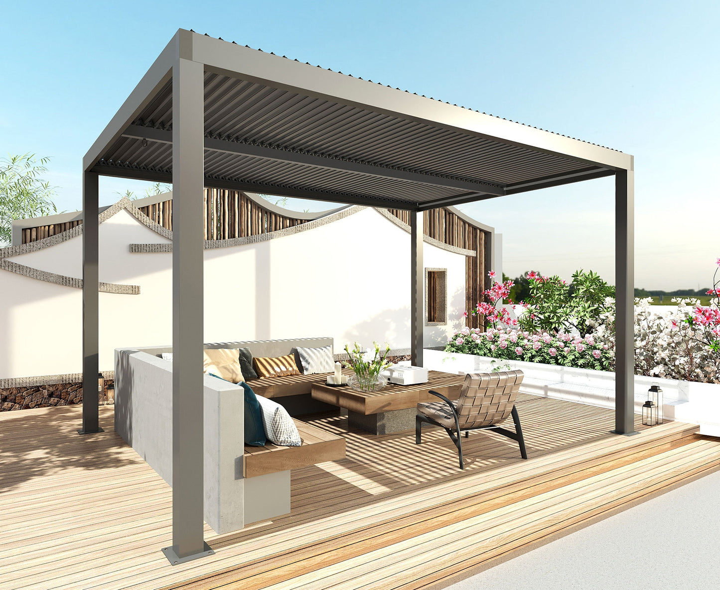 Cosmo Casa - Pergola - Tuinpaviljoen met Lattendak & Regengoot - Aluminium Frame (10 cm) - 3×3 m - Antraciet