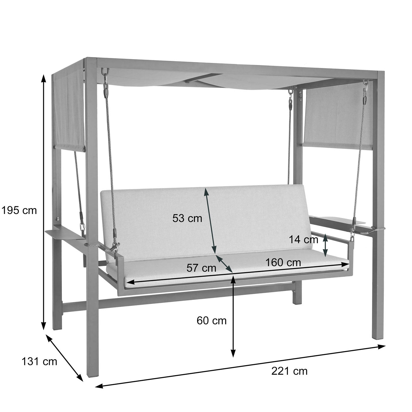 Cosmo Casa - Aluminium Hollywoodschommel - Tuinschommel met Ligfunctie en Dak - Olefin Textiel & Aluminium - Grijs - 195×221×131 cm