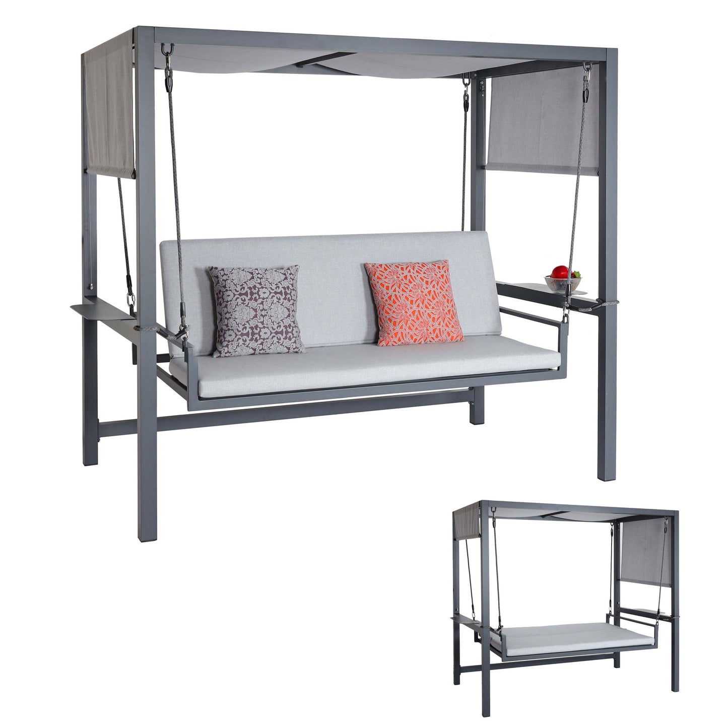 Cosmo Casa - Aluminium Hollywoodschommel - Tuinschommel met Ligfunctie en Dak - Olefin Textiel & Aluminium - Grijs - 195×221×131 cm