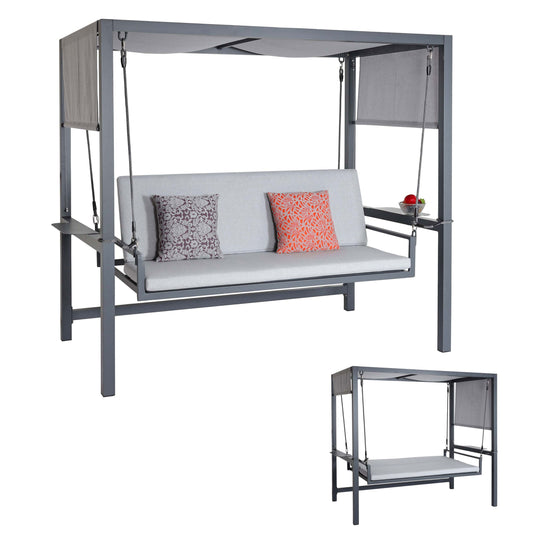 Cosmo Casa - Aluminium Hollywoodschommel - Tuinschommel met Ligfunctie en Dak - Olefin Textiel & Aluminium - Grijs - 195×221×131 cm