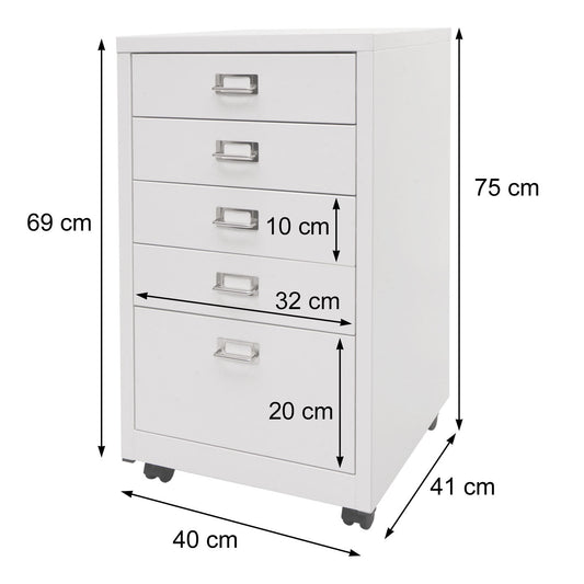 Cosmo Casa - Rolcontainer - Ladekast Archiefkast - Metaal - Wit - 75×40×41 cm (5 laden)
