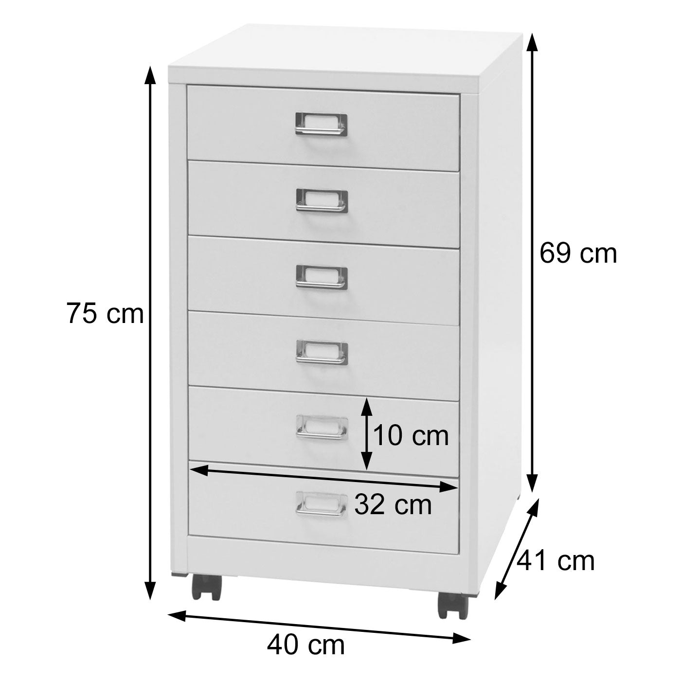 Cosmo Casa - Rolcontainer - Ladekast Archiefkast - Metaal - Wit - 75×40×41 cm (6 laden)